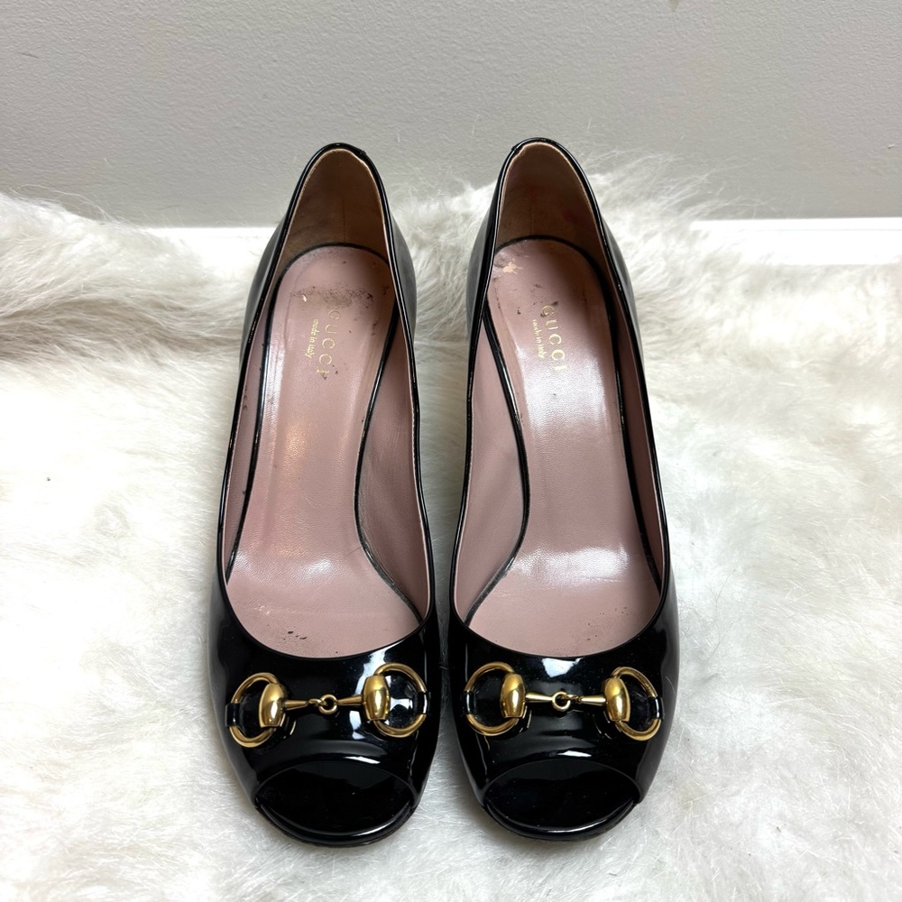 Gucci Horsebit Patent Leather Guccissima Peep Toe Pump Heels - Picture 2 of 10